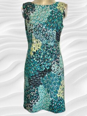 “Connected Apparel” Teal, Green and Black Sleeveless Patterned Midi Dress